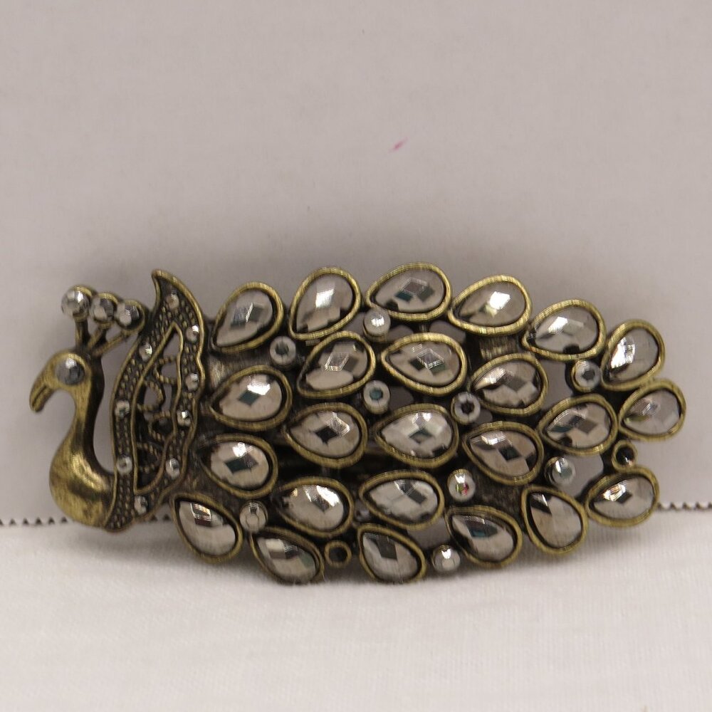 Vintage Peacock Hair Clip/Brooch Pin Teardrop Rhinestones -missing 2 tiny stones - Picture 2 of 9